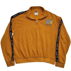 MTV Quarter Zip Sweater Mustard Graphic Sleeve Stripe Large Streetwear Punk 90s